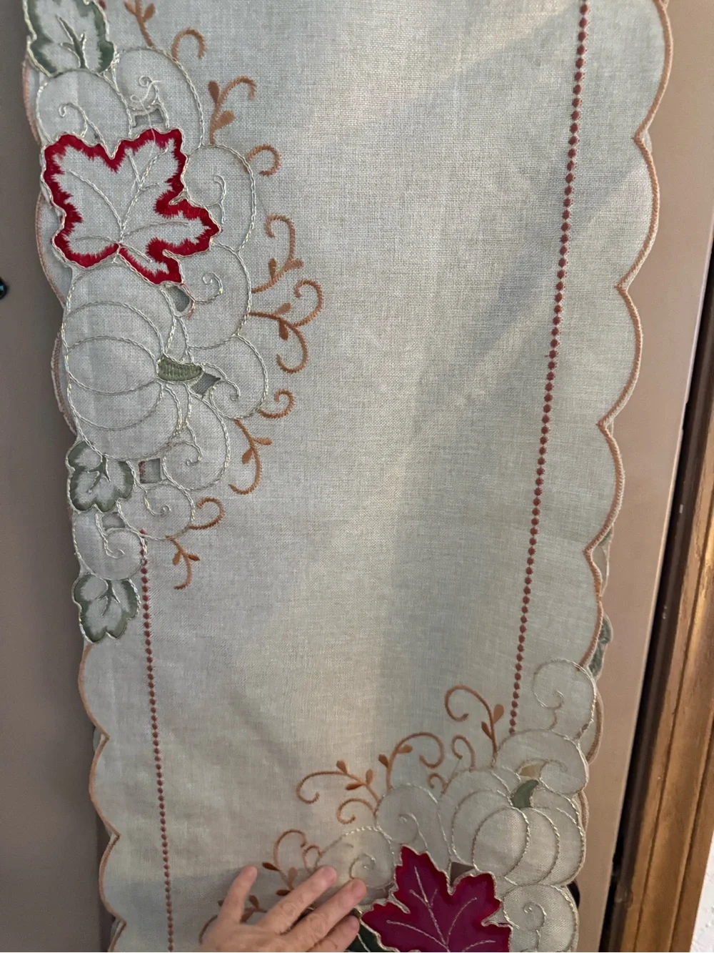 Scalloped Edge Table Runner in Cream with Rust Embroidery